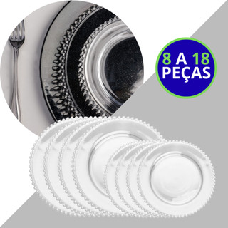 Kit Jogos 8 a 20  Peças Pratos Rasos Jantar Almoço 28cm E Sobremesa 20cm Cristal Lapidado Borda Bolinhas Pearl Wolff