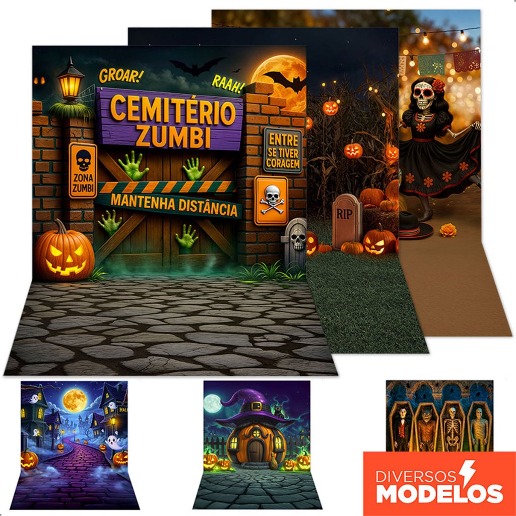 Fundo Fotográfico Halloween 3D Painel Decoração Tecido Sublimado Cenário para Fotos 1,50x2,20m