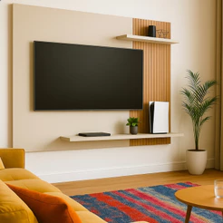 Painel Para Tv 50 Polegadas Estante Rack Flutuante Sala Quarto Painel Suspenso Ripado Nichos Nature