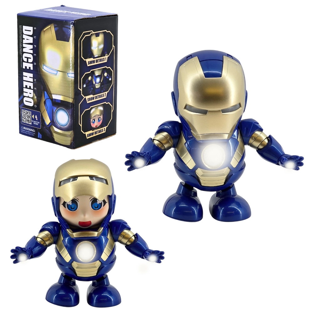 Boneco Homem de Ferro Azul Dance Hero Luzes Som Mexe Braços Pernas Marvel Brinquedo Infantil Iron DC