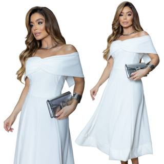 Vestido Midi Ombro a Ombro Rodado Elegante em Off White para Casamento Batizado e Festas em Oferta na Shopee