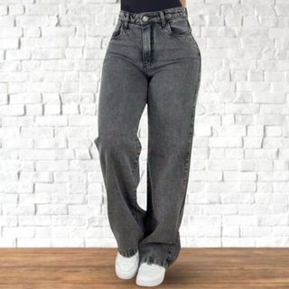 Calça Wide Leg Feminina Jeans Cintura Alta Cós Alto Grossa Cinza Grafite Marmorizada