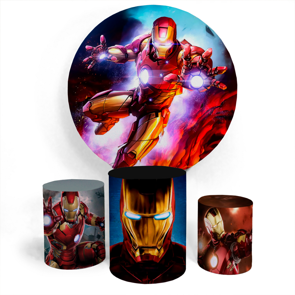 Kit Festa Painel Capa Decorativo Redondo E Trio Capa Cilindro Exclusivos Temática Homem de Ferro