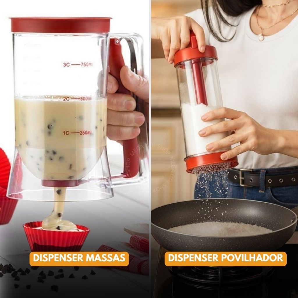 Dispenser Dosador de Massas + Dispenser Povilhador Formas de Silicone Cupcake Bolo Pudim Crepioca
