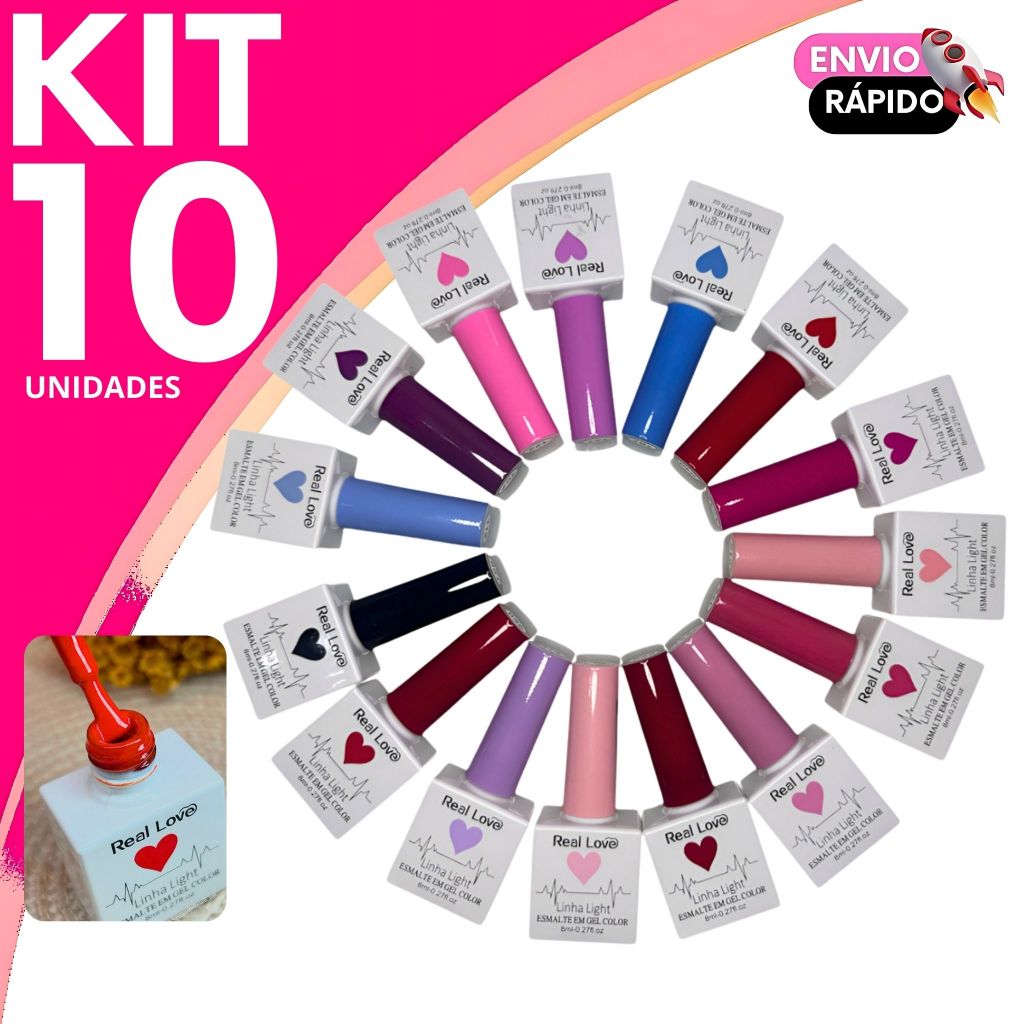 Kit Esmalte em Gel Real Love Coração Linha Light Cores Sortidas Unhas Perfeitas e Duradouras
