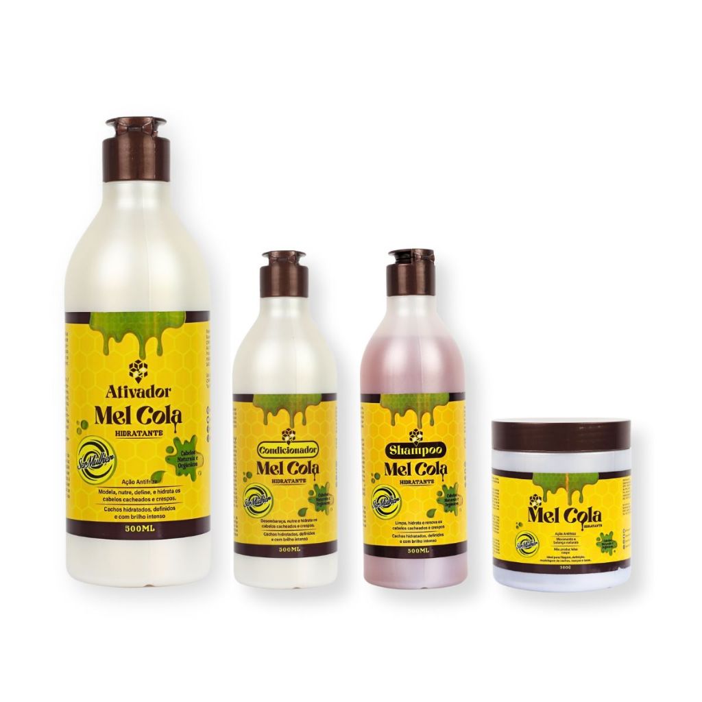 Kit Mel Cola Shampoo Condicionador Ativador de Cachos  Finalizador Mel Cola Ser Mulher