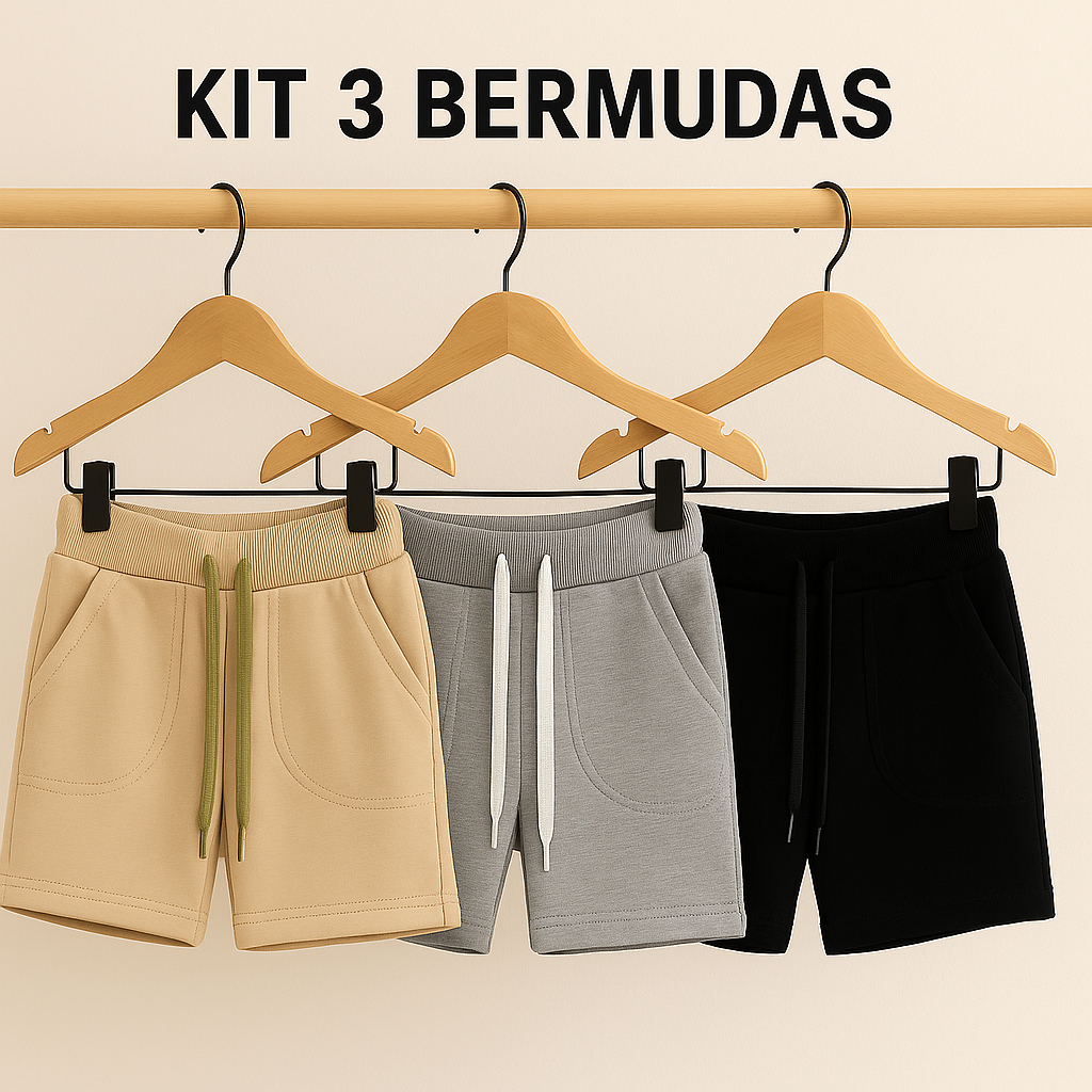 Kit 3 bermudas cores preta bege cinza tamanho 2 ao 16
