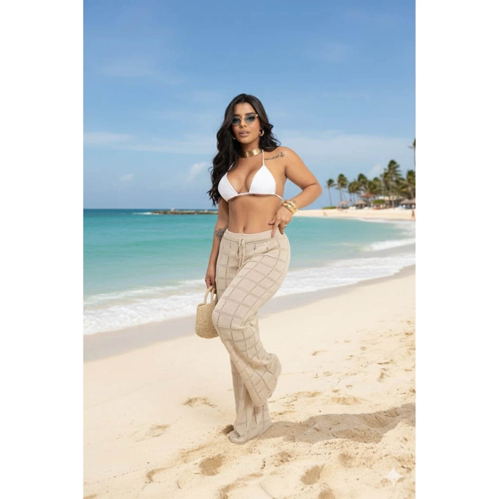 Calça Saída de Praia Tricot Crochê Tendência Moda Praia | Calça Pantalona Tricô Verão Moda Feminina