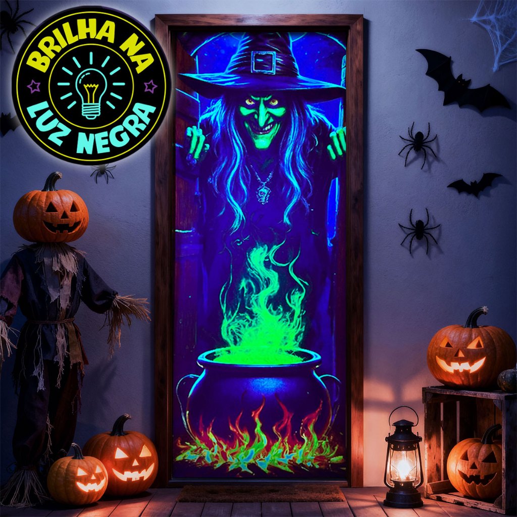 Capa de Porta Decoração Halloween Bruxa Tecido Sublimado Neon 0,85x2,10m C/Elástico- Brilha C/ Luz Negra em Oferta na Shopee