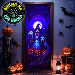 Capa Porta Decoração Halloween para Pet Shop Neon Brilha C/ Luz Negra 0,80x2,10m Tecido Sublimado C/Elást