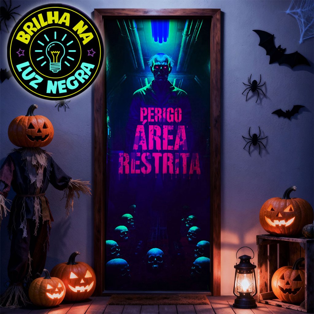 Capa Decoração de Porta Halloween Neon Brilho C/ Luz Negra 0,80x2,1m Tecido Sublimado C/Elást