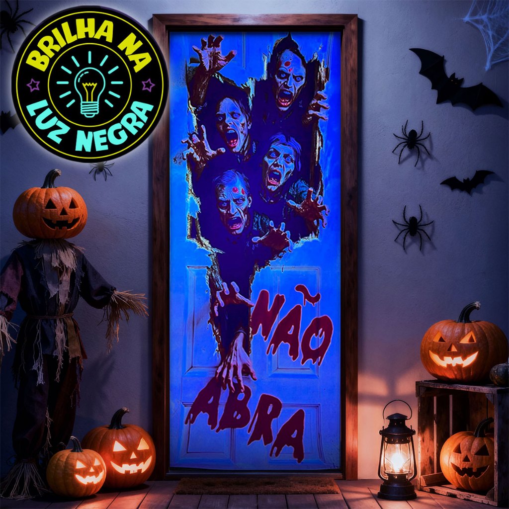 Capa Porta Decoração Halloween Zumbi Neon Brilha C/ Luz Negra 0,85x2,10m Tecido 