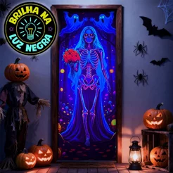 Capa de Porta Halloween Caveira Neon Decoração Terror Brilha C/ Luz Negra 0,80x2,1m Tecido Sublimado