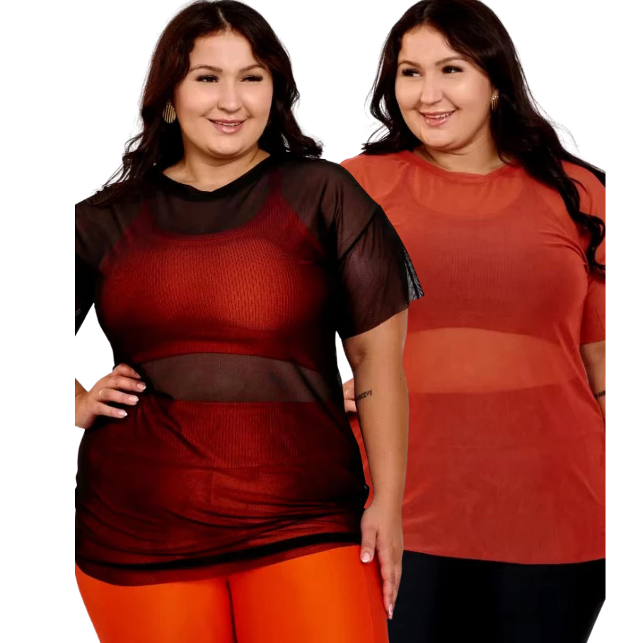 Kit 02 Blusa Feminina Plus Size de Tule Academia Treino Respiravél Transparência Feminino — imagem 1