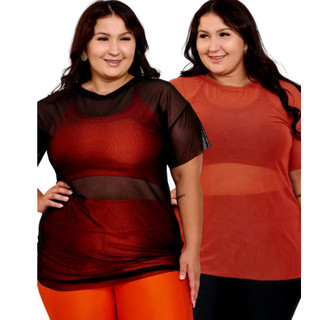 Kit 02 Blusa Feminina Plus Size de Tule Academia Treino Respiravél Transparência Feminino