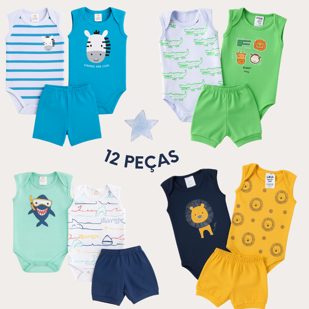 Kit 12 Peças Body Bebê Regata Menino Estampado Conjunto Infantil Verão Algodão