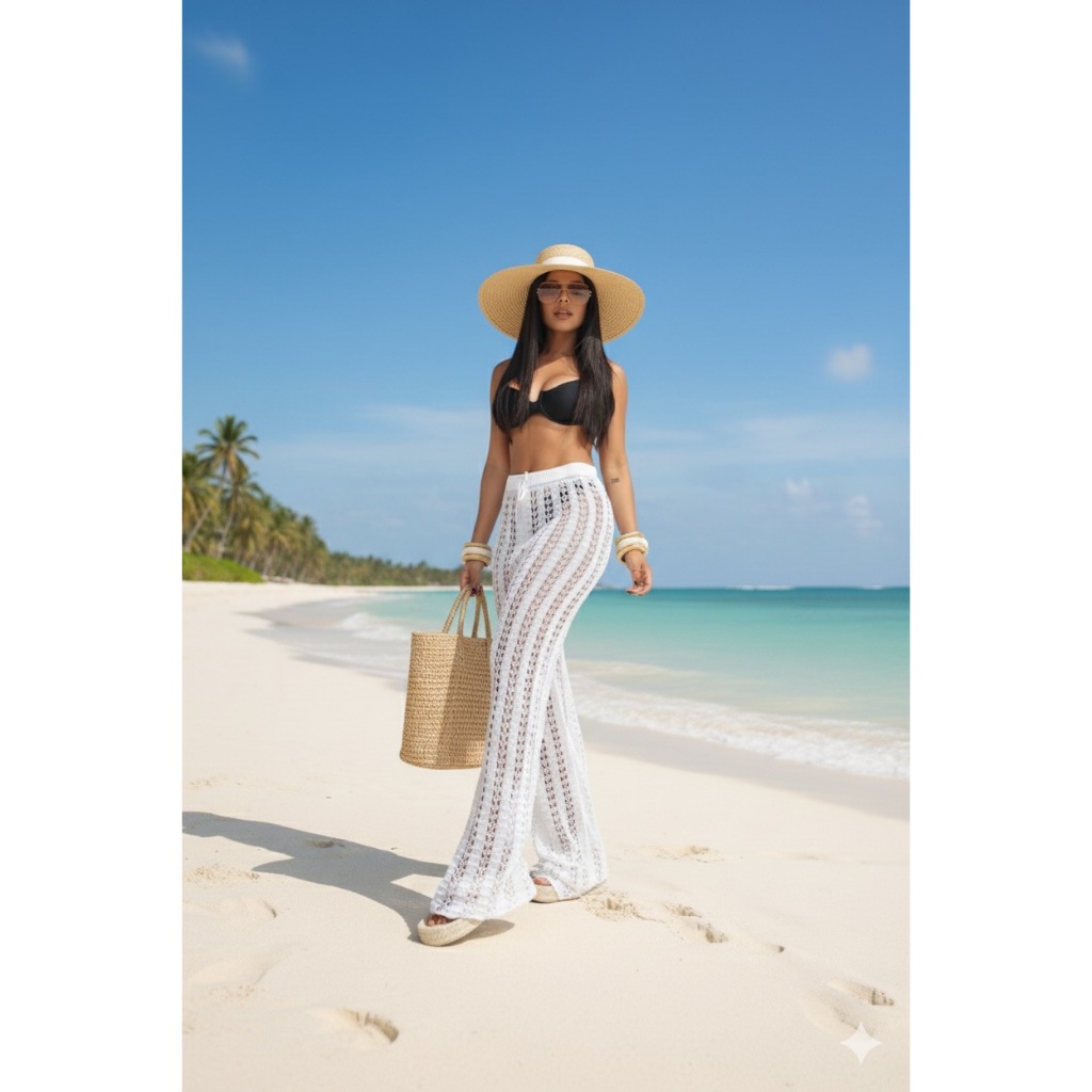 Saída de Praia Calça Tricot Crochê Feminina | Calça Pantalona Vazada Elegante com Ajuste na Cintura em Oferta na Shopee