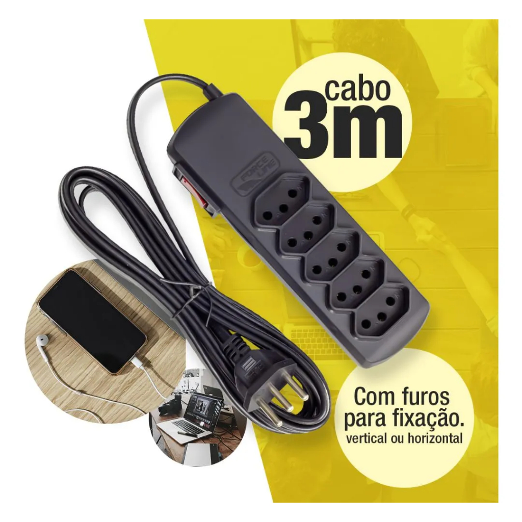 Filtro de Linha 3 Metros de Cabo Protetor Elétrico Preto Régua Elétrica Bivolt Tripolar Force Line