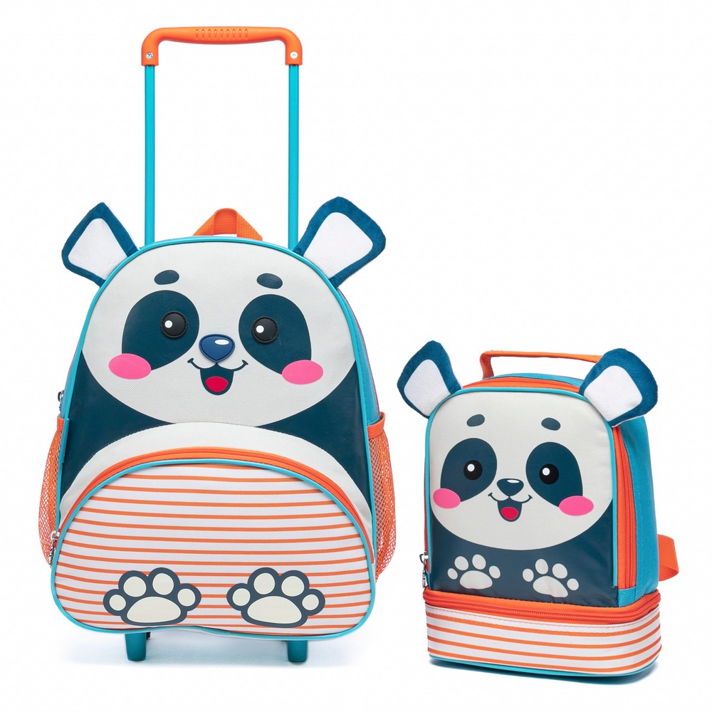 Kit Mochila Lancheira Infantil Panda Rodinhas Menino Espaçosa Spector