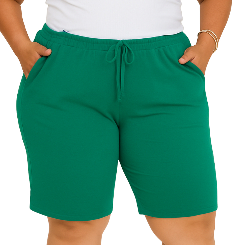 Bermuda Feminina Cós Elástico Shorts Com Bolsos Plus Senhoras