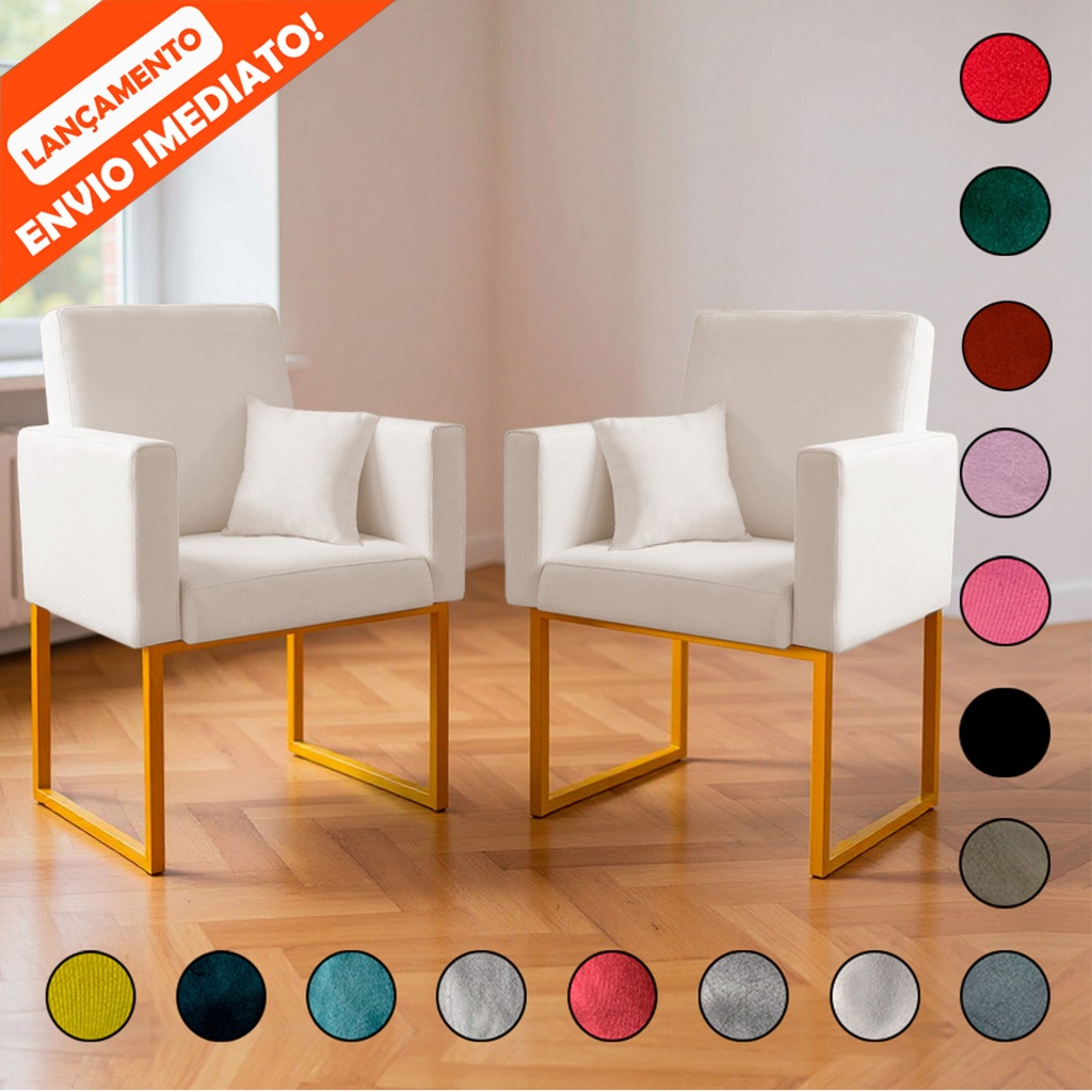 Kit 2 Poltrona Decorativa​ Para Sala Nina Base de Ferro Dourada Com ou Sem Almofada Aninha Decor