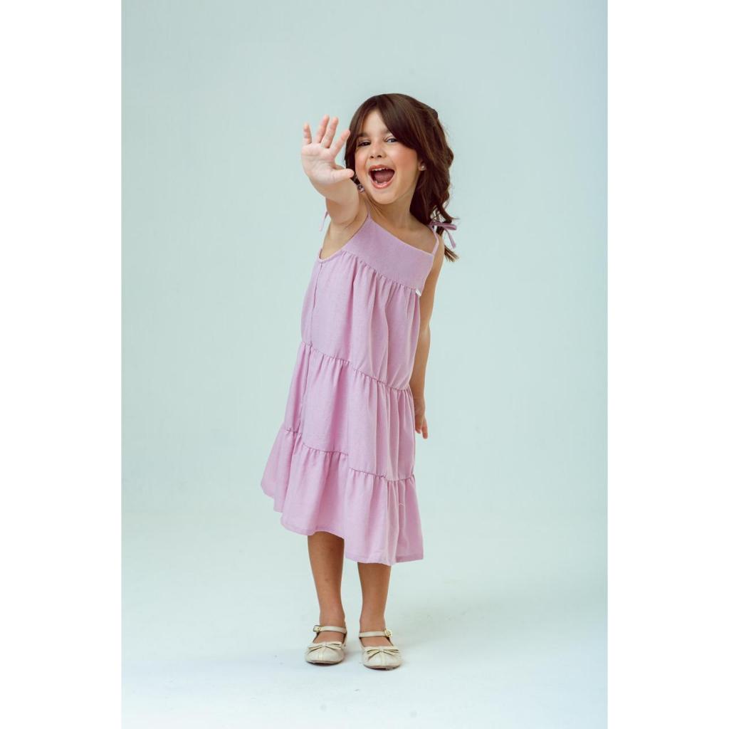 Vestido Infantil Liso Blogueirinha Babado Linho Premium Alcinha com Lacinho Midi Roupa de Menina Verão