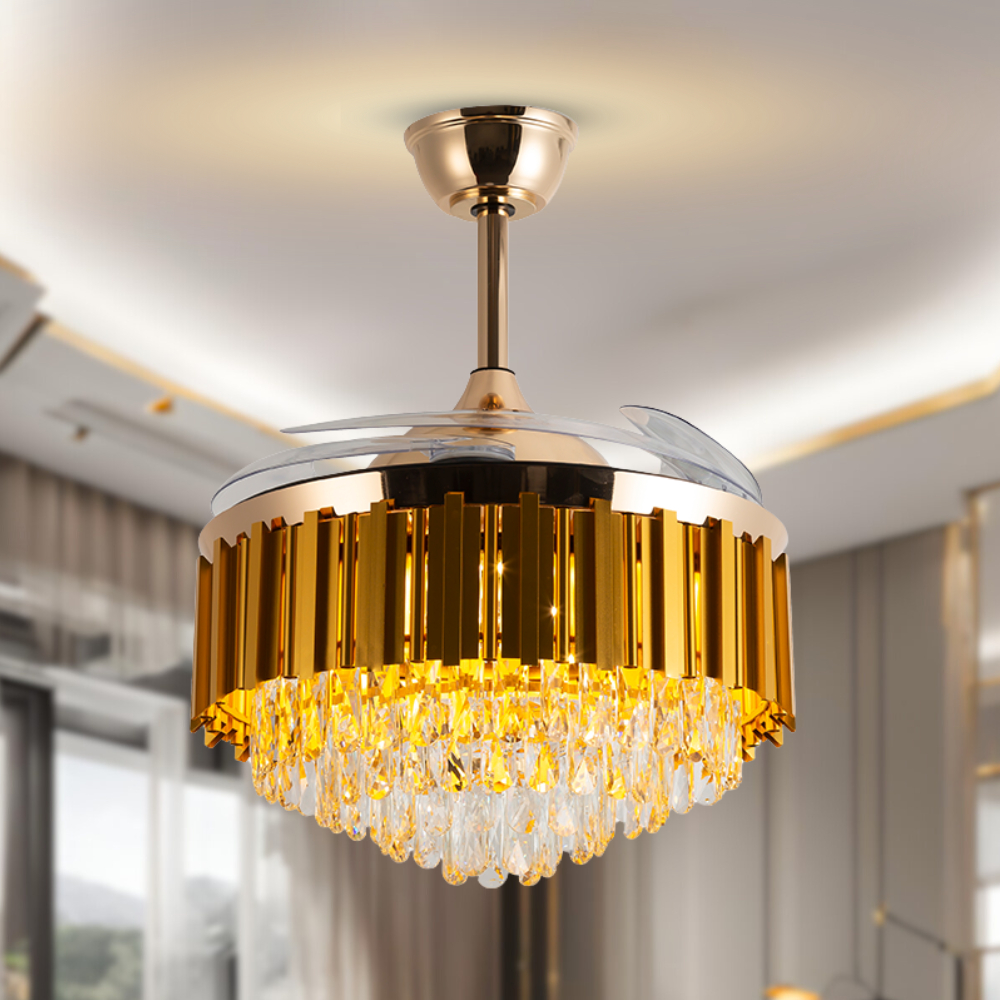 Lustre Ventilador Retrátil Teto Plafon Air Carter Dourado Pás Led 60w Bivolt Opus Controle Remoto Econômico Silencioso