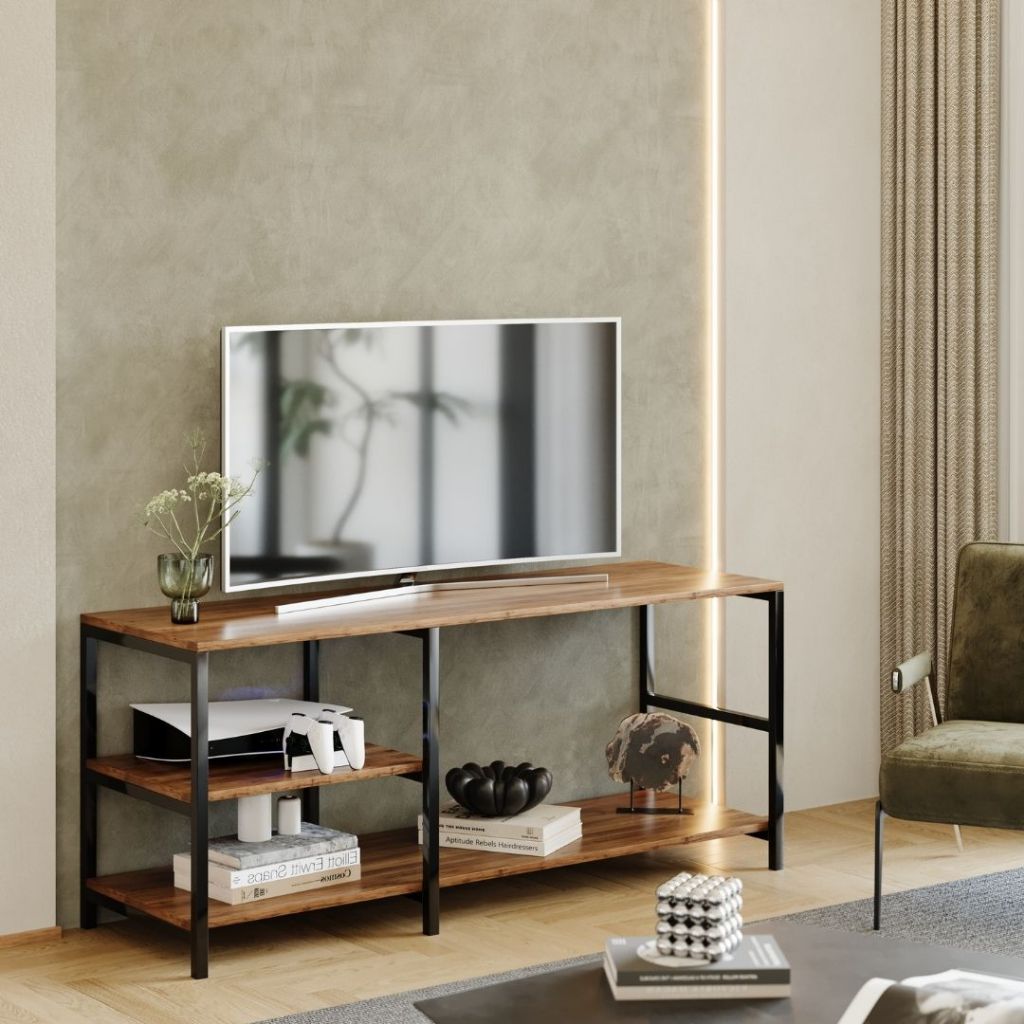 Rack Estilo Industrial Brooklin 115 Moderno para Sala TV Canela em Oferta na Shopee