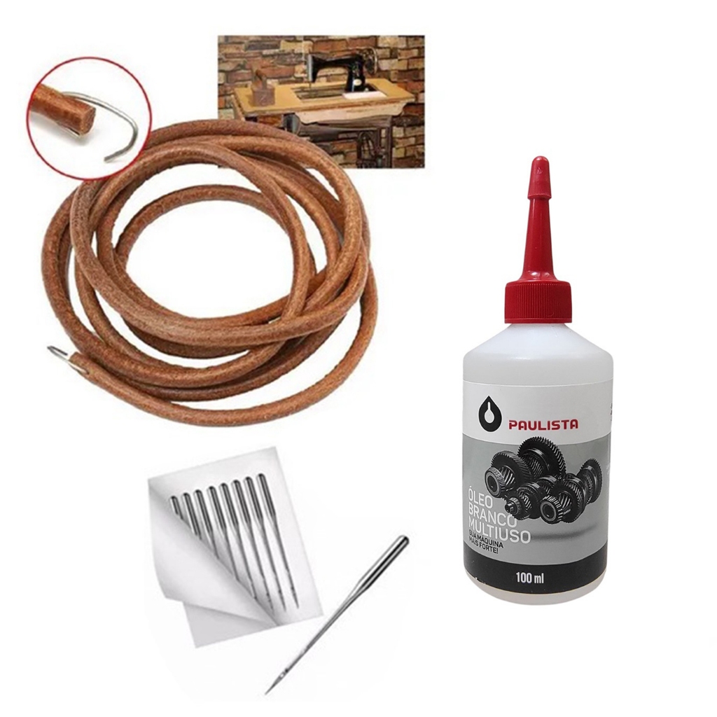 Correia Couro Pra Maquina Costura Pretinha De Pedal Antiga + Oleo e 10 Agulhas em Oferta na Shopee