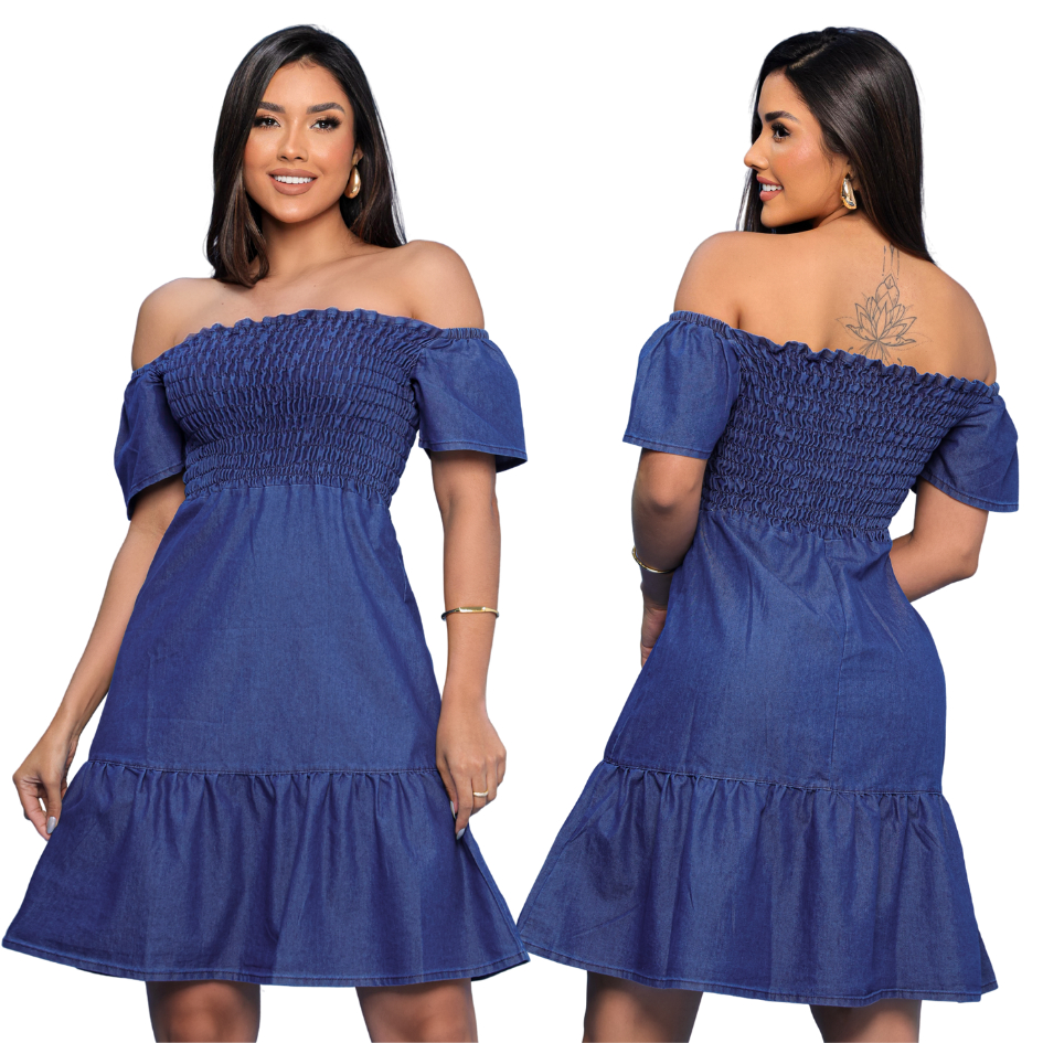 Vestido Ombro a Ombro Jeans Feminino Com Lastex e Babado Ciganinha Soltinho Casual Confortável em Oferta na Shopee