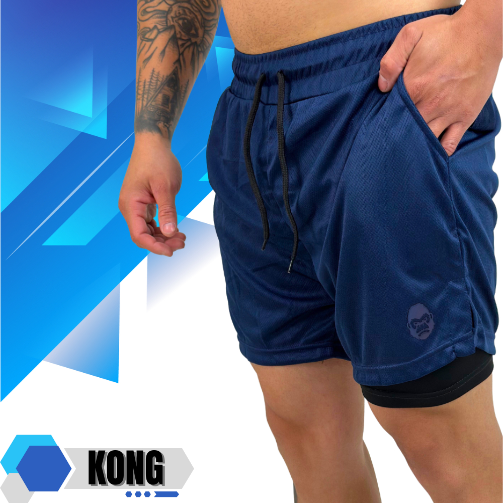 Bermuda Masculino 2 em 1 Kong  Academia Premium com forro de compressão e suporte para toalha.