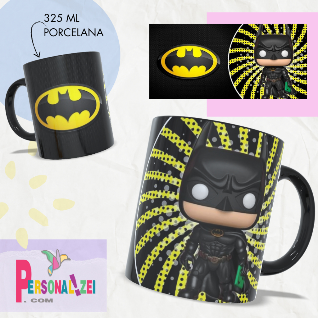 Caneca Porcelana Batman Caneca Personalizada Geek Alça e Interior Preto Batman Xícara Porcelana DC