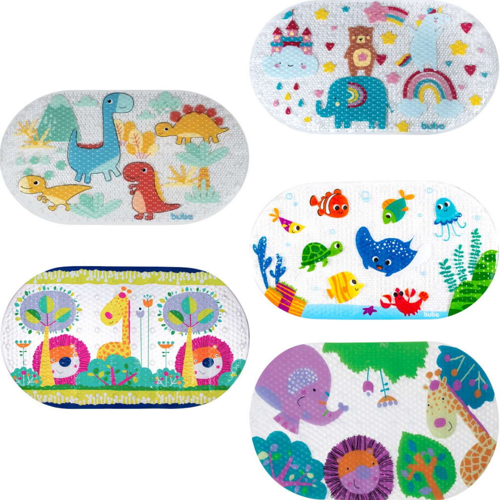 Tapete para Banho Infantil - Antiaderente - com ventosas: Selvinha, Dino, Arco íris, Safari, Fundo do Mar - Buba