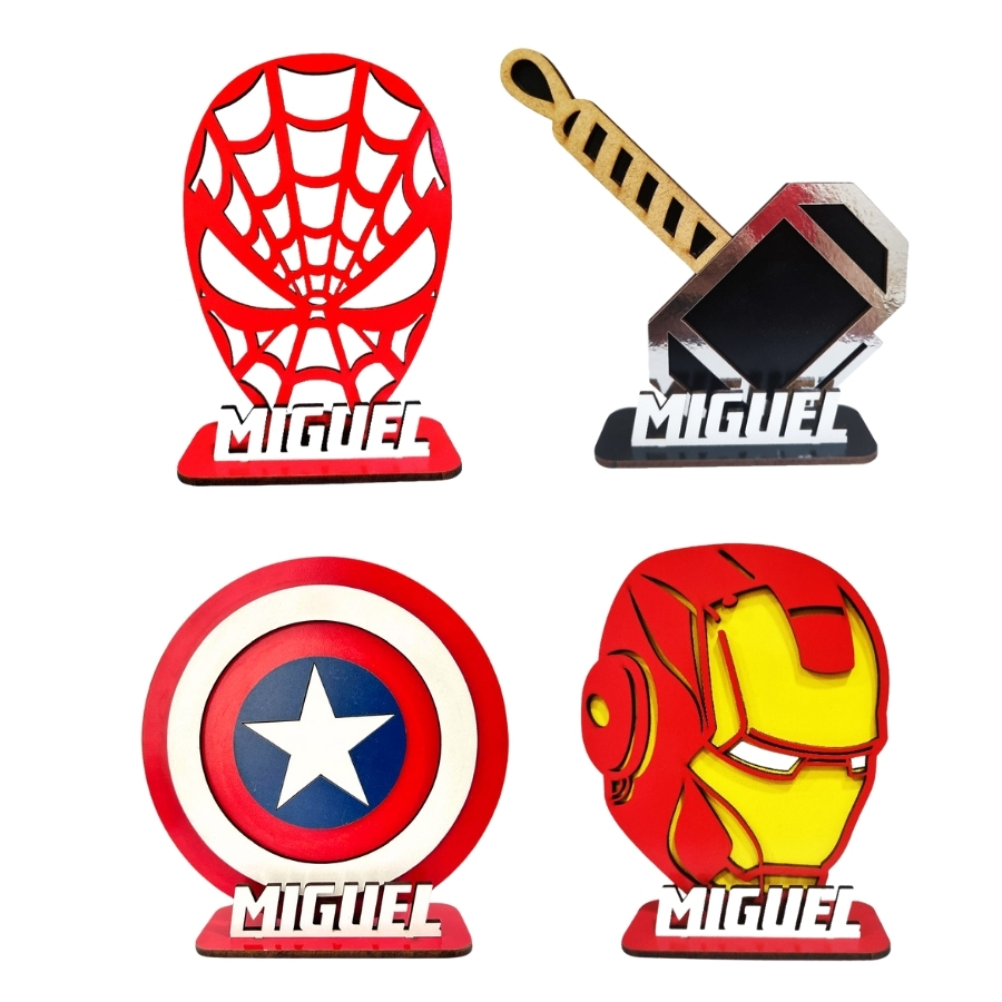 8 Centros de Mesa Personalizados Vingadores, Homem de Ferro, Capitão América, Thor e Homem Aranha