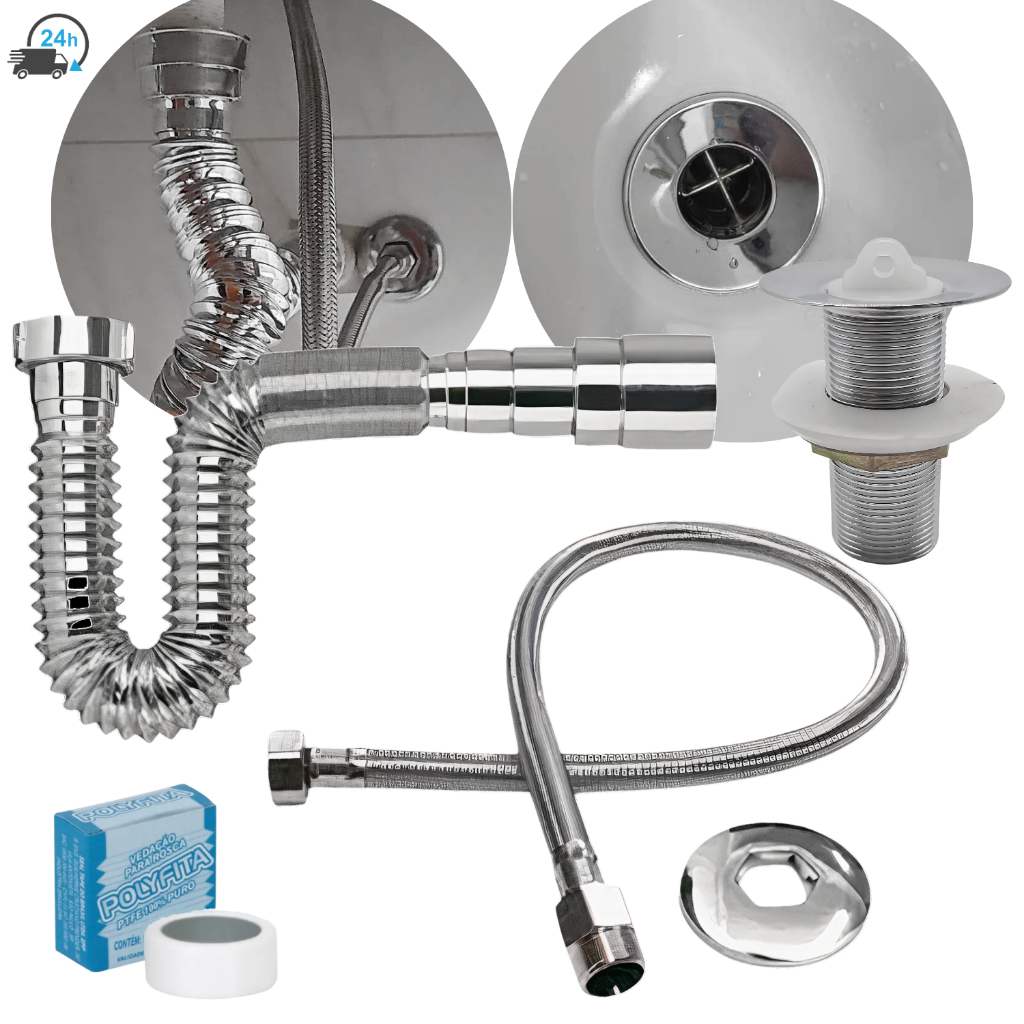 Sifão Sanfonado + Engate Flexível + Válvula Lavatório Cromado Kit Para Pia Lavabo Com Ralo De Pia