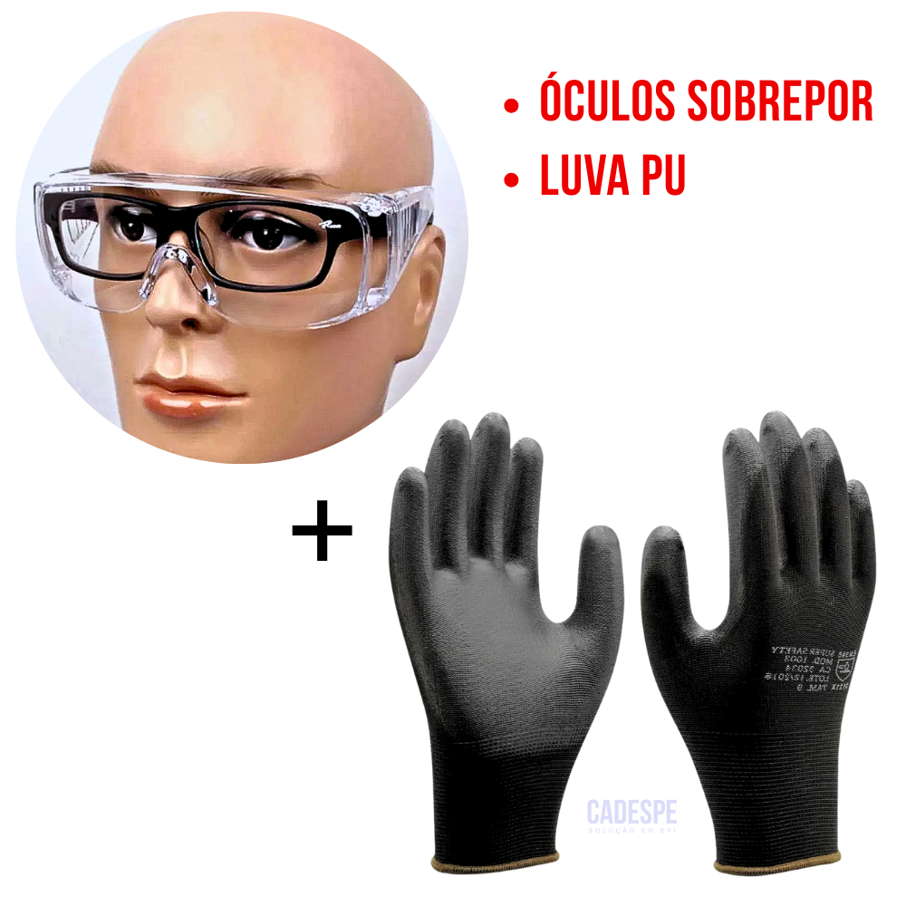 KIT Óculos Sobrepor Incolor + Luva Multitato PU / Jardinagem Eletricista Epi Proteção Segurança em Oferta na Shopee