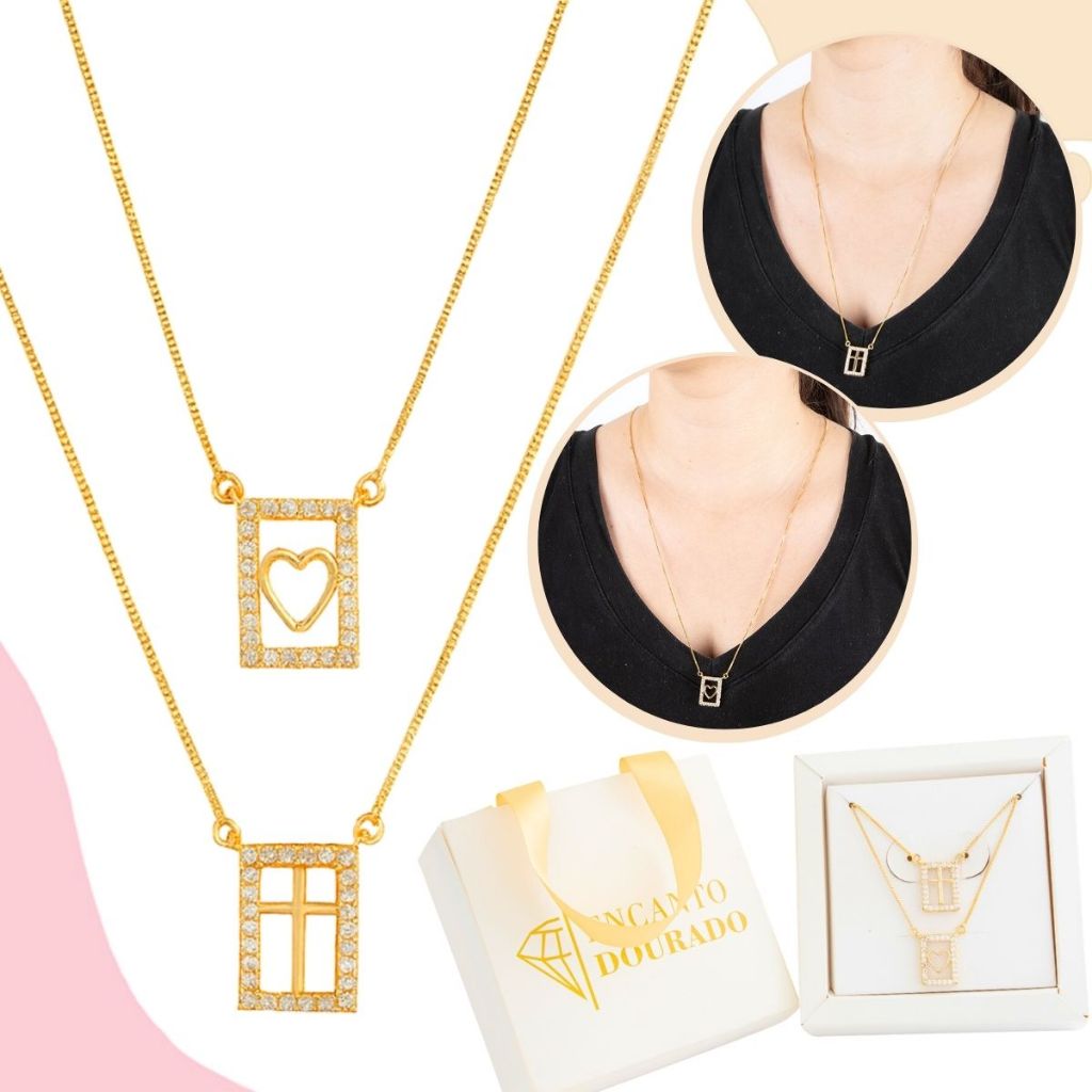 Escapulário Feminino Cruz Coração Colar Banhado A Ouro 18k Pingente Cravejado Zirconia