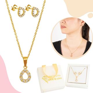 Kit Colar E Brinco Pingente Gota Dourada Cravejada Zirconia Conjunto Banhado A Ouro 18k