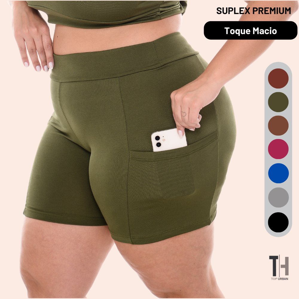 Short Legging Plus Size com Bolso Porta Celular Bermuda Feminina Cintura Alta Zero Transparência em Oferta na Shopee