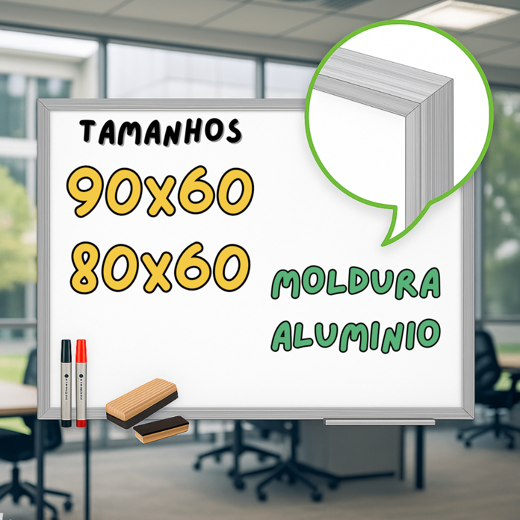 Quadro Lousa Escolar Branco Moldura em Aluminio Canetões + Apagador