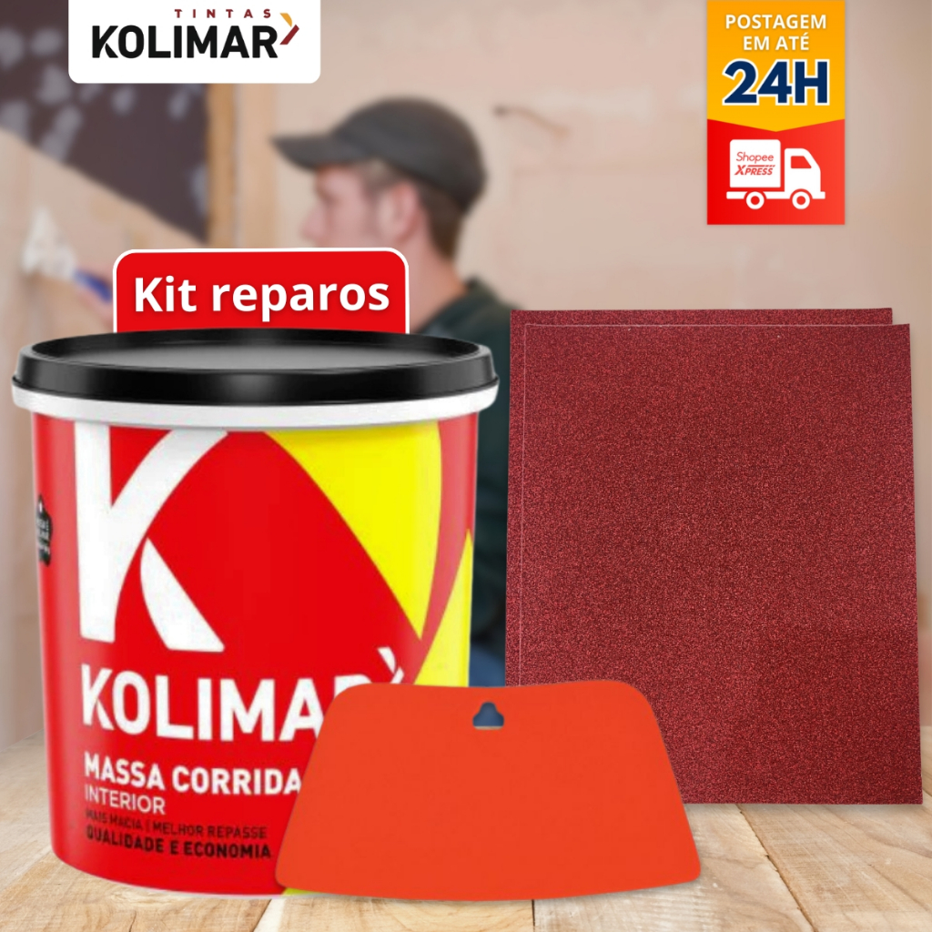 Kit Reparo Massa Corrida PVA Kolimar 1,5kg + 2 Lixas de Parede + APLICADOR PARA REPAROS NA PAREDE