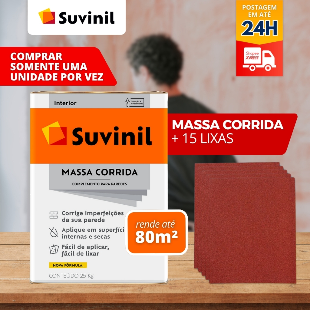 KIT MASSA CORRIDA PVA 25KG +15 UNIDADES DE LIXA 150 PARA PAREDE TAPA FURO - SUVINIL