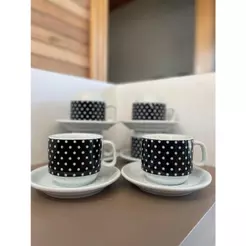 Conjunto 6 Xícaras com Pires Porcelana Decorada com Bolinhas BOT ART 200ml