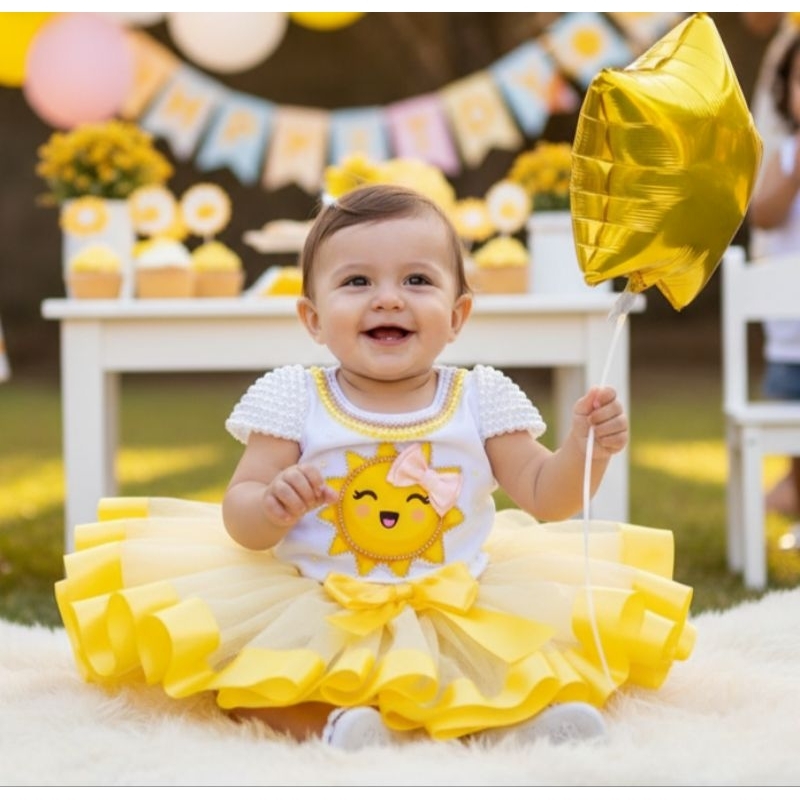 Kit Bebê Menina Luxo – Body + Saia de Tule Sol Festa Infantil fantasia aniversário em Oferta na Shopee