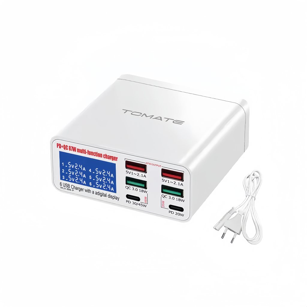Carregador Rápido De Celulares 6 Portas 87w 5v3a 2 USB + 2 QC 3.0 + 2 PD TIPO-C Carregador inteligente Multifuncional