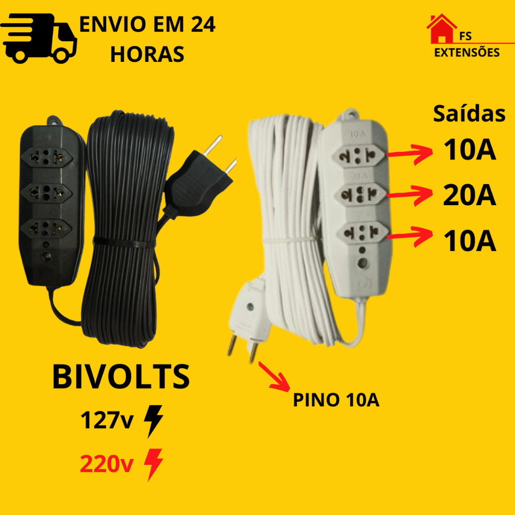 Extensão elétrica Tomada Tripla Rabicho Prolongador Bivolts 10/20A ( 1,2,3,5,10,15,20 e 25  Metros)