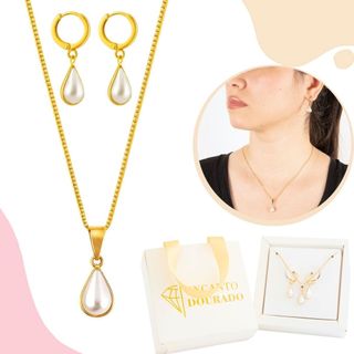 Conjunto Feminino Colar Brinco Argola Pingente Gota Pérola