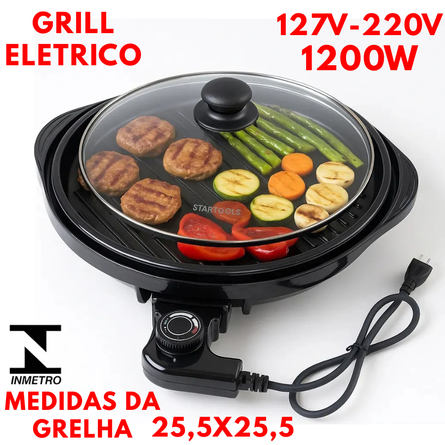 Grill Eletrico Redondo 1200W 127V Ou 220V Versátil Moderna Termostato Ajustável