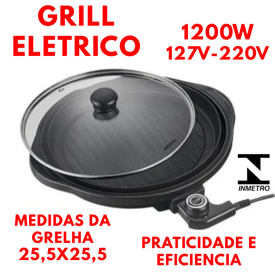 Grill Eletrico Redondo 127V Ou 220V 1200W Portátil Termostato Ajustável Prático
