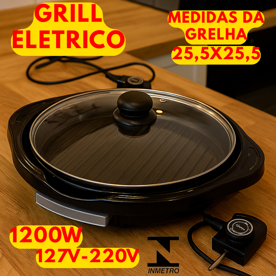 Grill Eletrico Redondo 127V Ou 220V 1200W Com Grelha Removível Termostato Ajustável